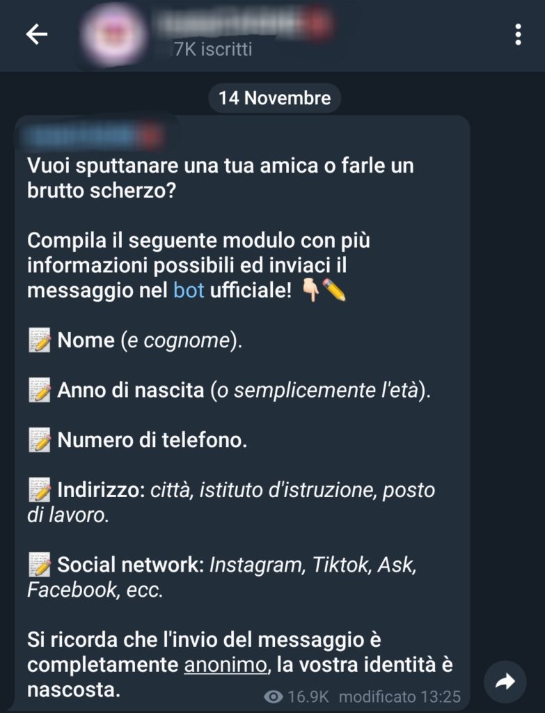 Messaggio pubblicato lo scorso 14 novembre sulla chat di un canale Telegram 