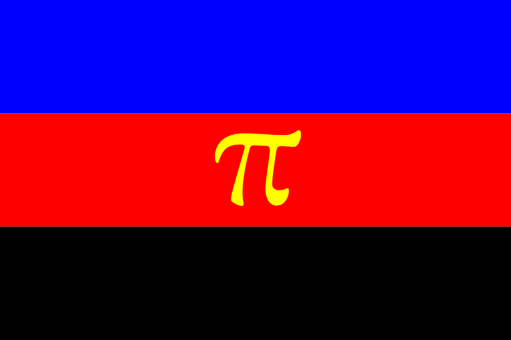 La bandiera dell'orgoglio poliamoroso, costituita da tre strisce orizzontali. Dall'alto verso il basso: blu, rossa, nera. Al centro della striscia rossa la forma di un pi greco in giallo.