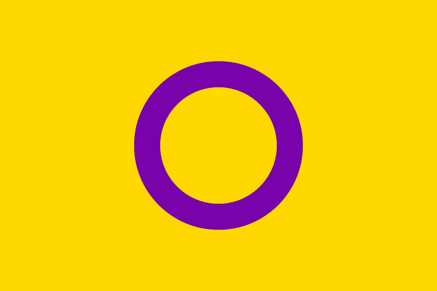 La bandiera della comunità intersex. Su uno sfondo giallo, al centro troviamo una circonferenza viola.