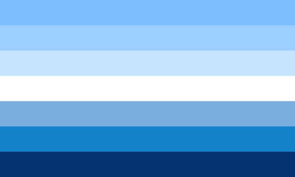 La bandiera dell'orgoglio gay maschile, con sette strisce orizzontali in varie sfumature di azzurro.