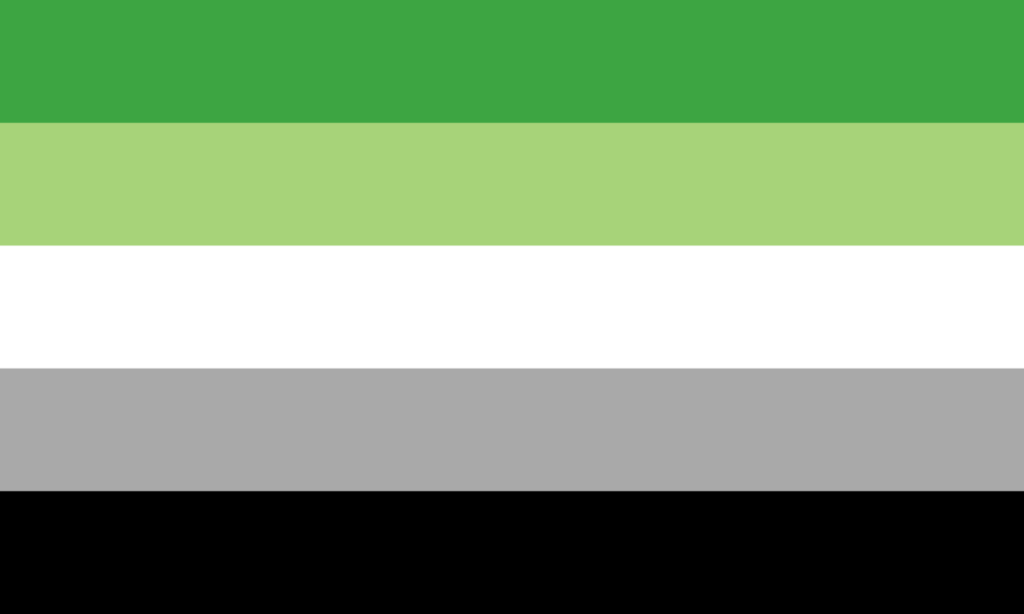 La bandiera delle persone aromantiche: cinque strisce orizzontali sovrapposte. Dall'alto verso il basso: verde scuro, verde chiaro, bianco, grigio, nero.