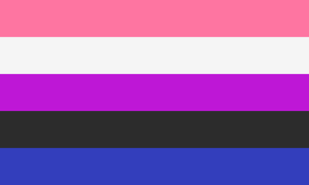 La bandiera delle persone genderfluid (ovvero il cui genere è fluido): cinque strisce orizzontali sovrapposte. Dall'alto verso il basso: rosa, bianco, fucsia, nero, blu.